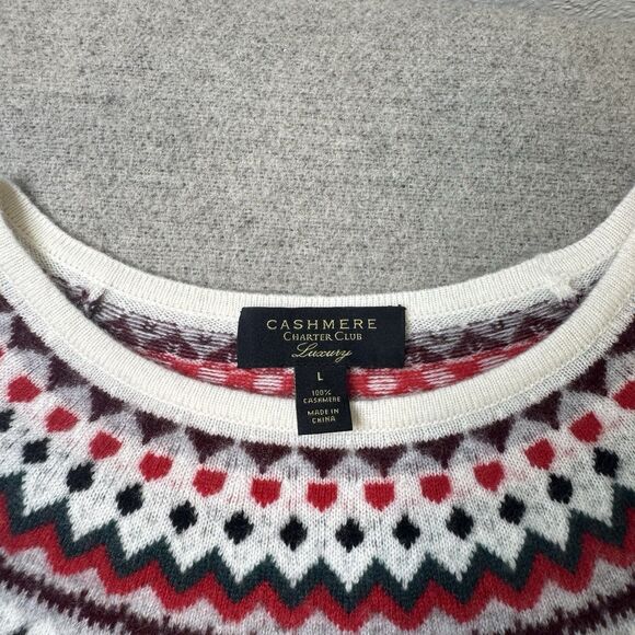 Charter Club Sweater Women L Ivory Cashmere Fair Isle Blouson Sleeve Holidays - Picture 3 of 9